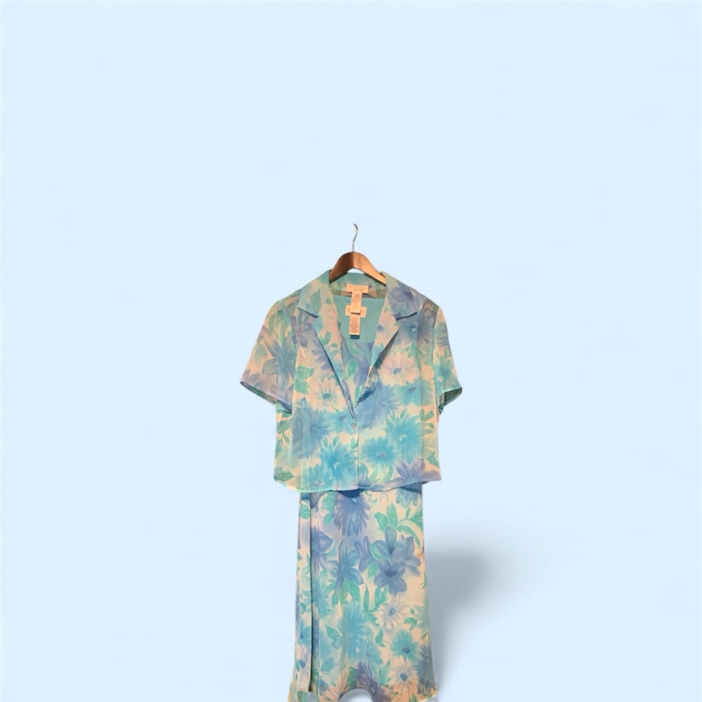 Studio I Womens Dress with button down coverup  - Blue and Green Floral Size 12P